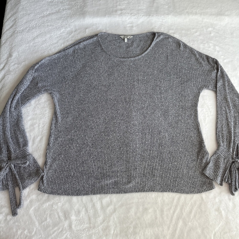 Lucky Brand Womens Ruffle Long Sleeve Cozy‎ Crewneck Sweater Solid Gray Large